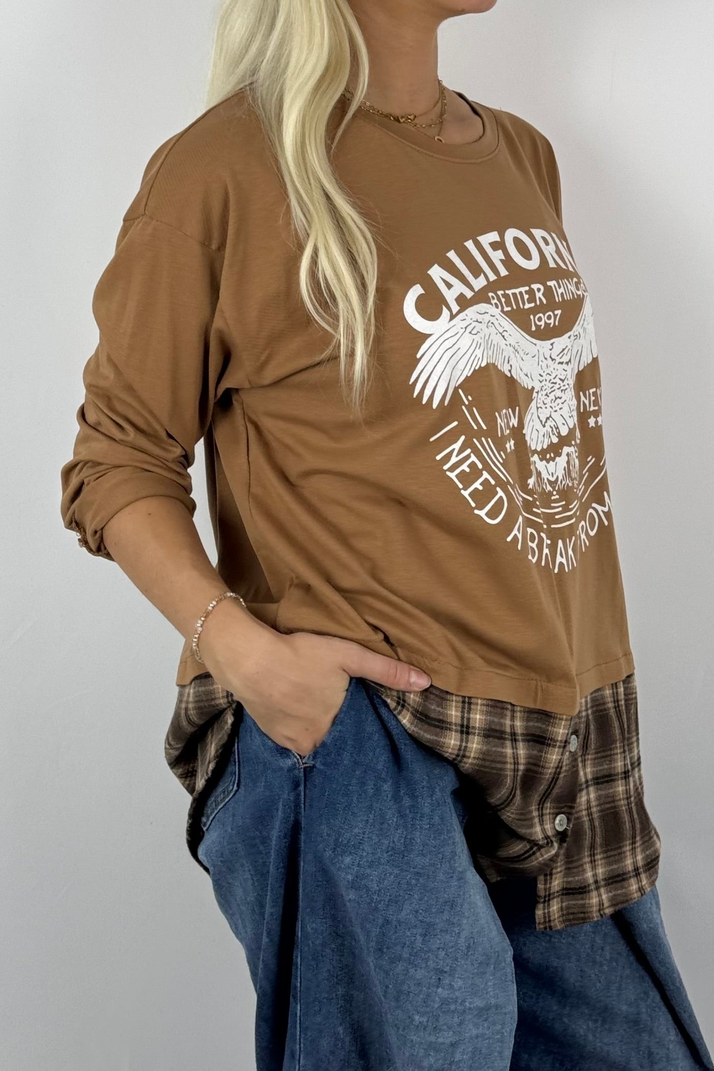 Damen Layering-Shirt „California“ – Karomuster-Look-Kamel