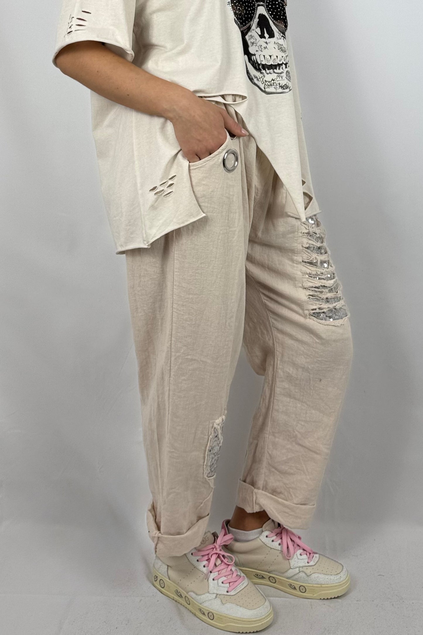 Leinen-Viskose Hose mit Pailletten-Details-Beige