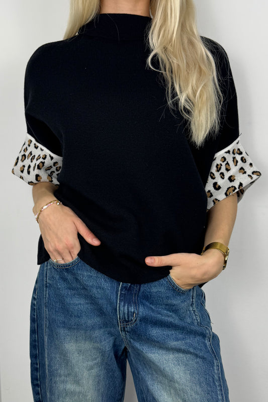 Shirt mit Stehkragen und Animal-Print-Details-Schwarz
