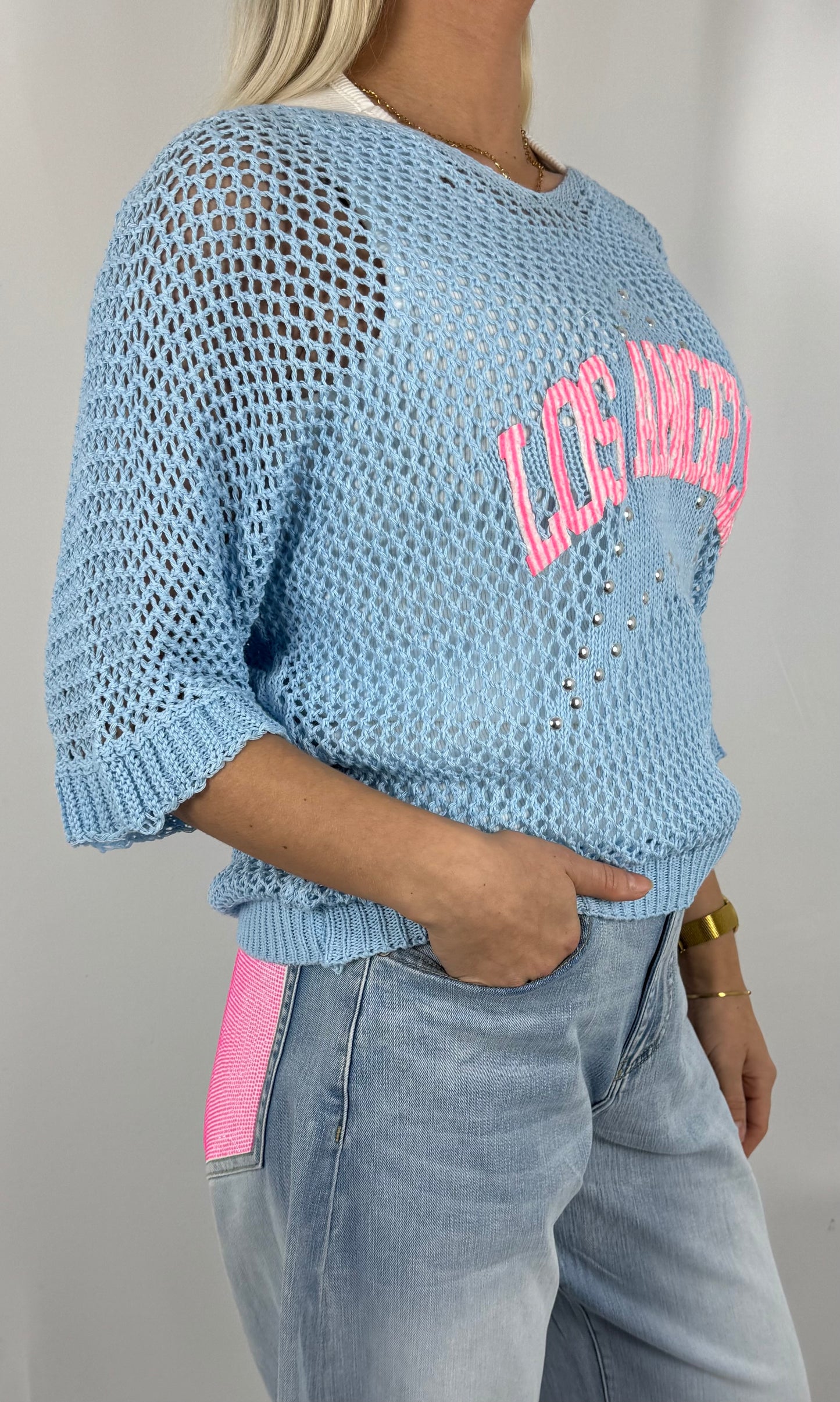 Damen Strickshirt „Los Angeles“ mit Strass-Hellblau