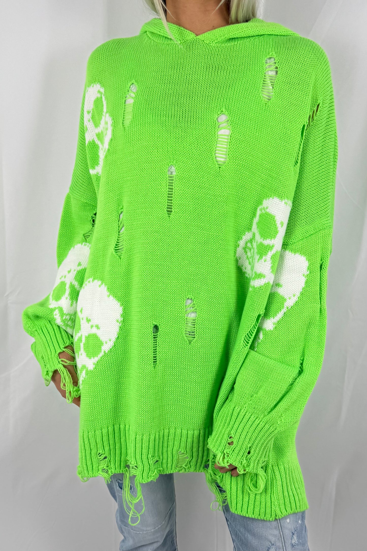 Pullover mit Totenkopf-Print und Kapuze-Grün