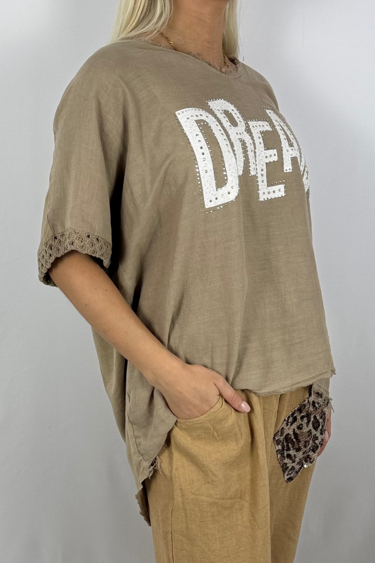 Leinen-Shirt „DREAM“ mit Strassdetails-Safari