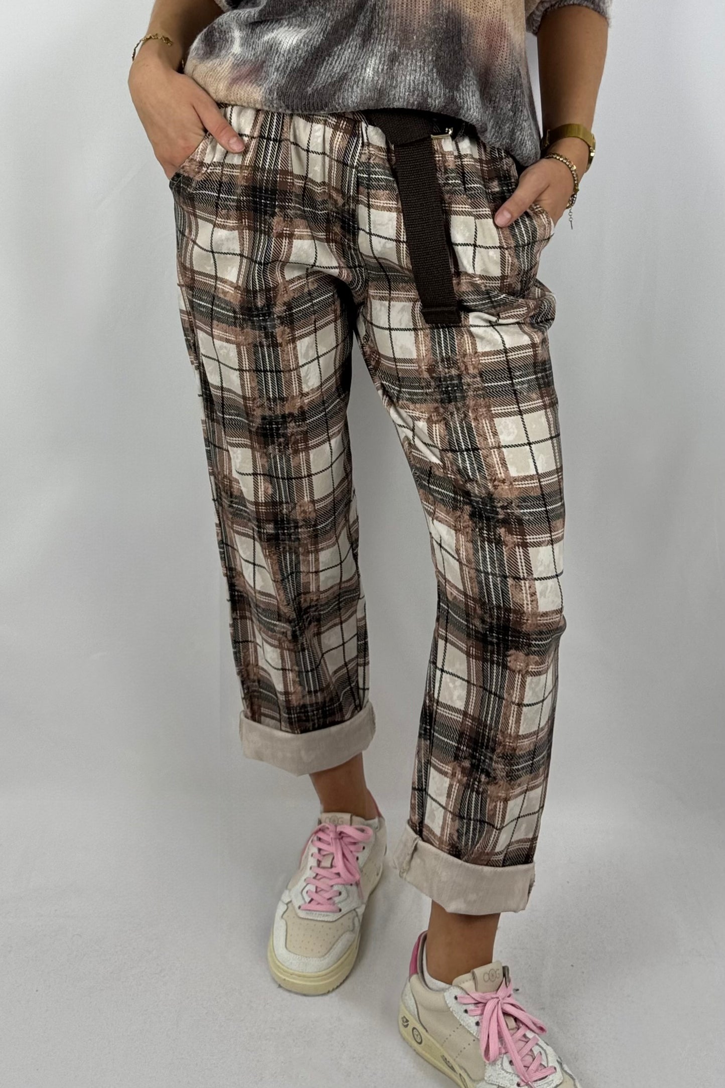 Damen Hose – Karomuster mit Gürtel-Schoko