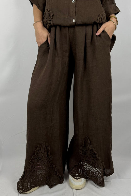 Leinen Hose mit Spitze – Luftiger Oversize Fit-Choco