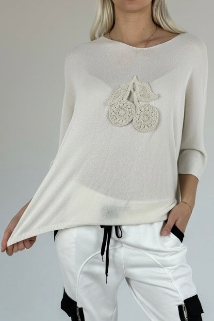 Shirt mit V-Ausschnitt & gehäkelter Applikation-Beige