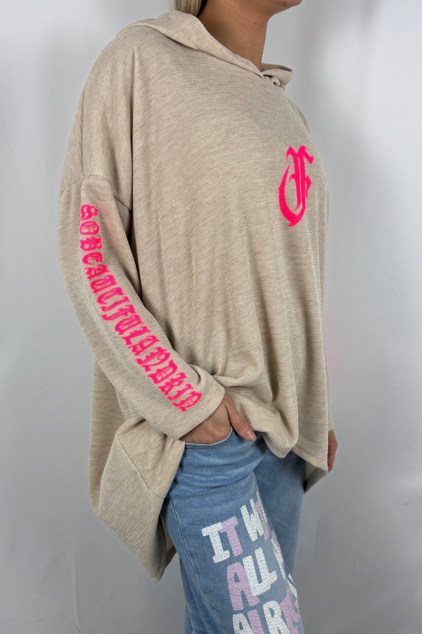 Damen Hoodie mit Frontprint und Schriftzug an den Ärmeln-Beige