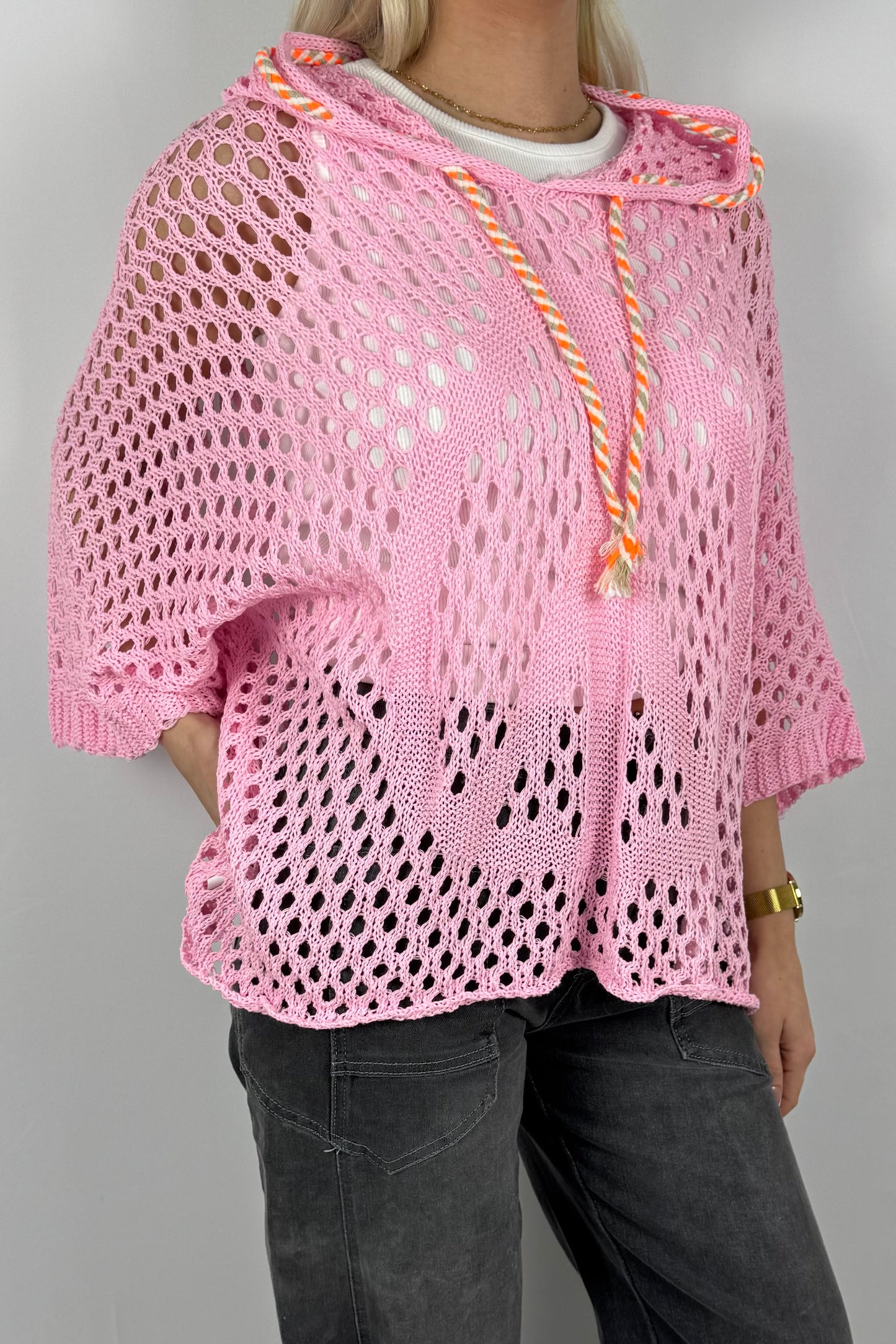 Häkel Hoodie Shirt mit Lochmuster Damen-Rosa