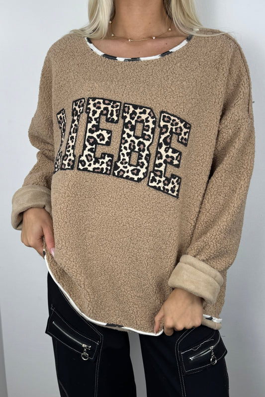 Oversize Teddy Pullover „LIEBE“ –Cammel