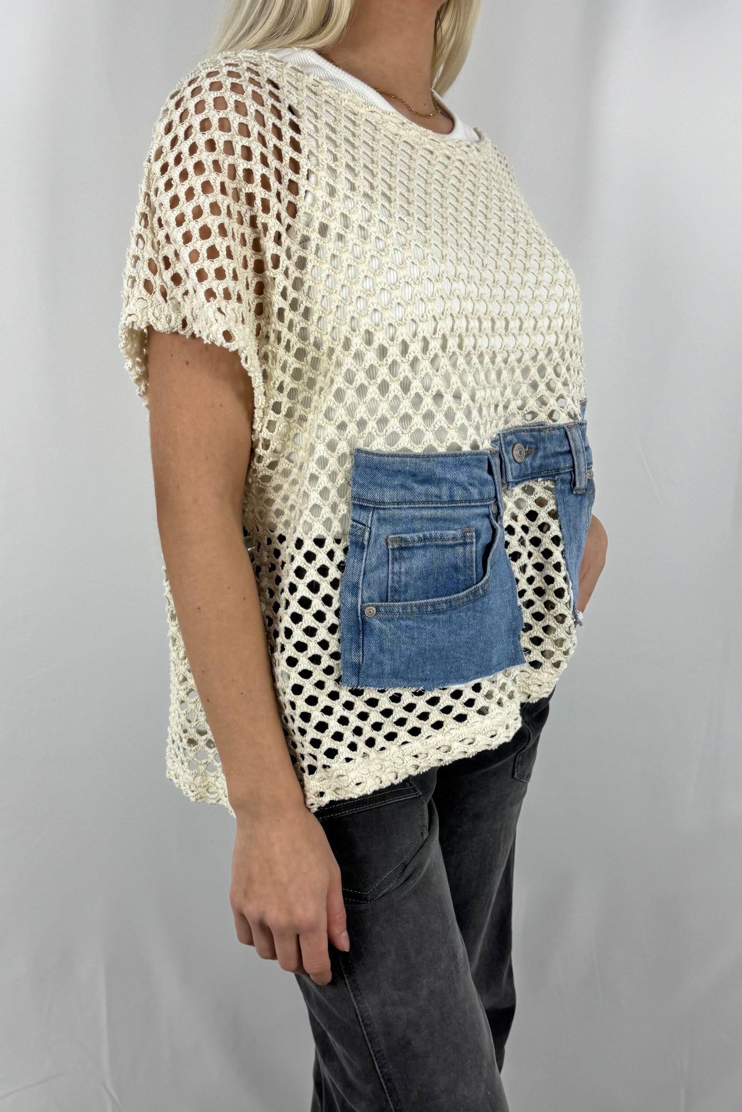 Damen Strick Shirt mit Netzstruktur und Denim Detail-Beige