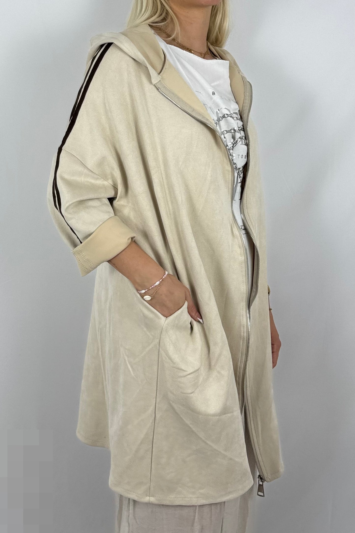 Lässige Longjacke in Velours-Optik mit Kapuze-Beige