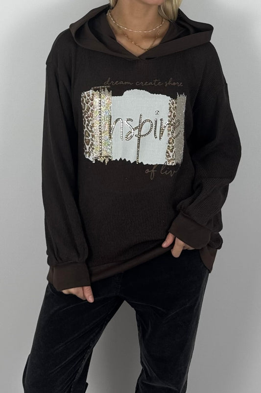 Damen Pullover mit Kapuze & Inspire-Print – Schoko