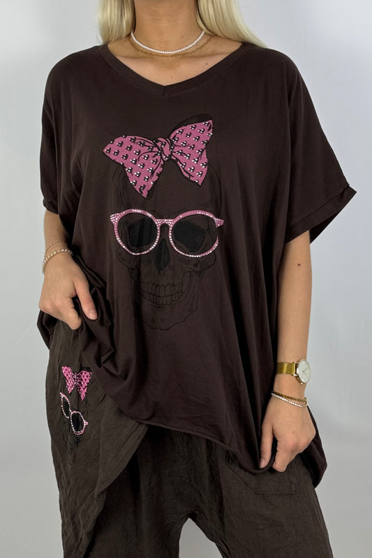 Oversize-Shirt mit Skull-Print & Neon-Details-Schoko