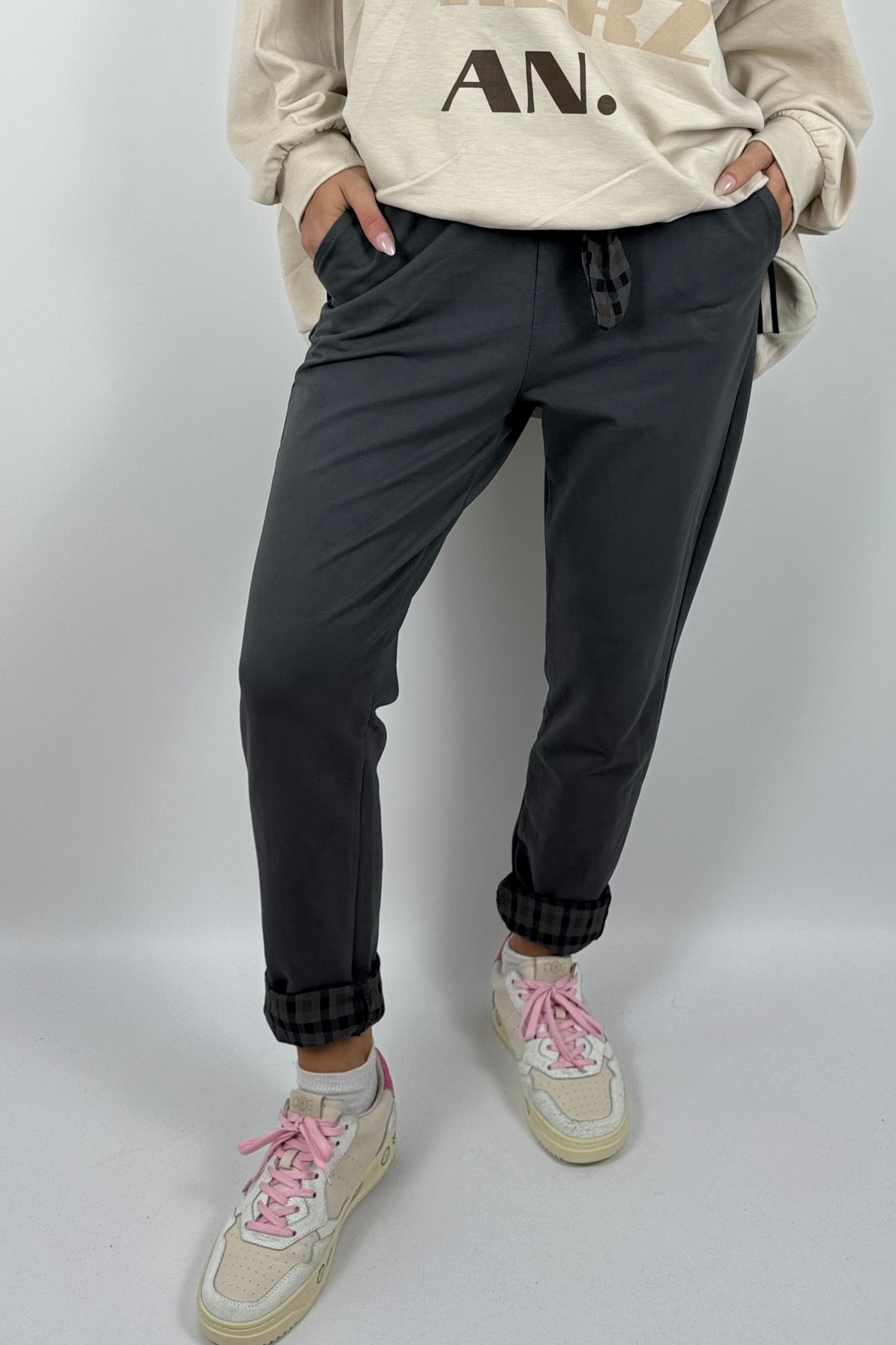 Damenhose mit Karomuster-Details & Bindegürtel-Grau