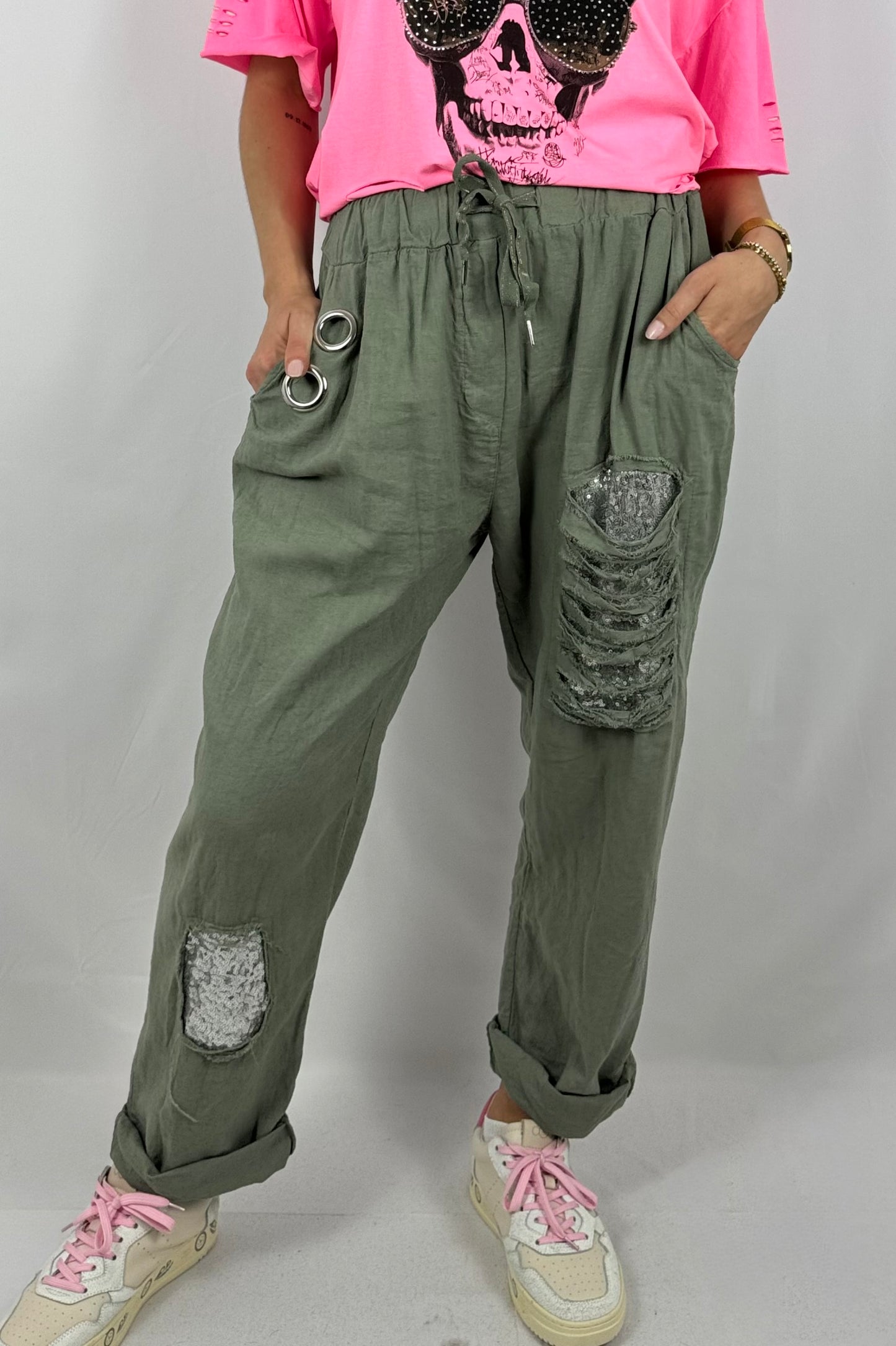 Leinen-Viskose Hose mit Pailletten-Details-Khaki