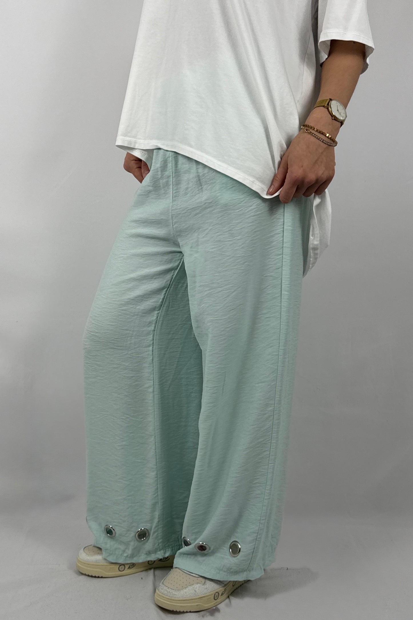 Damen Hose mit weitem Bein und Ösen Details-Mint