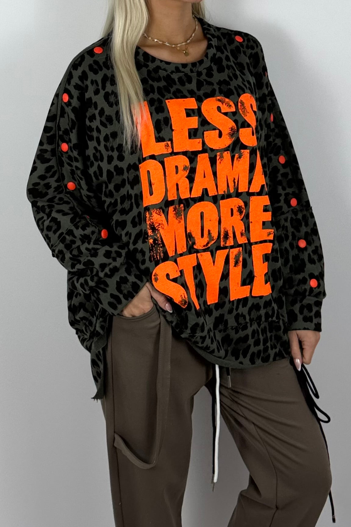 Damen Oversize Sweatshirt mit Leo-Print – Khaki