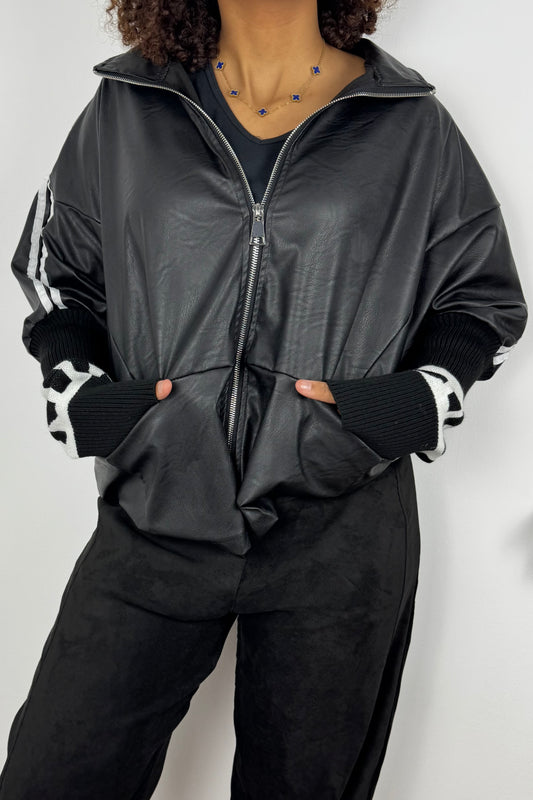 Oversize-Zipper-Jacke mit Strickärmeln – Schwarz