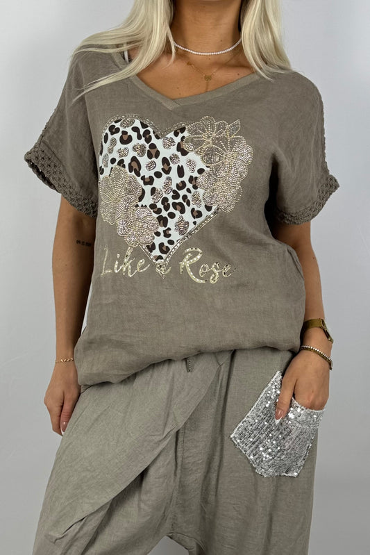 Leinen-Shirt mit Herzmotiv und Strass-Mud
