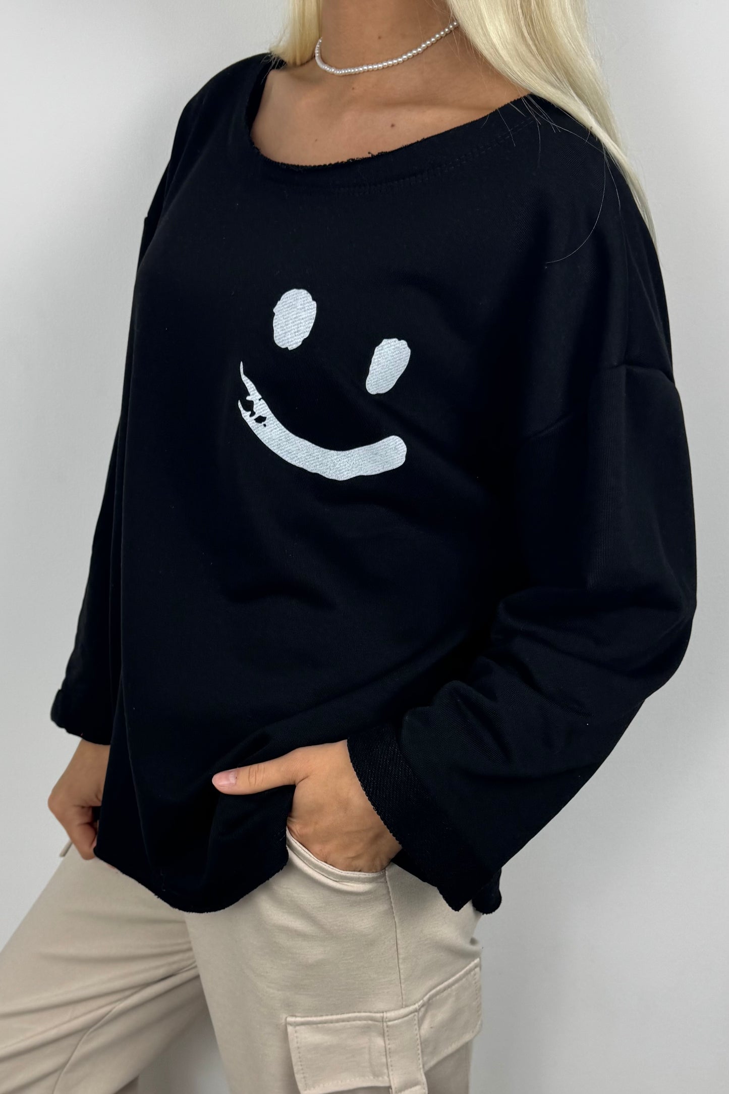 Damen Shirt mit Smiley-Print –Schwarz