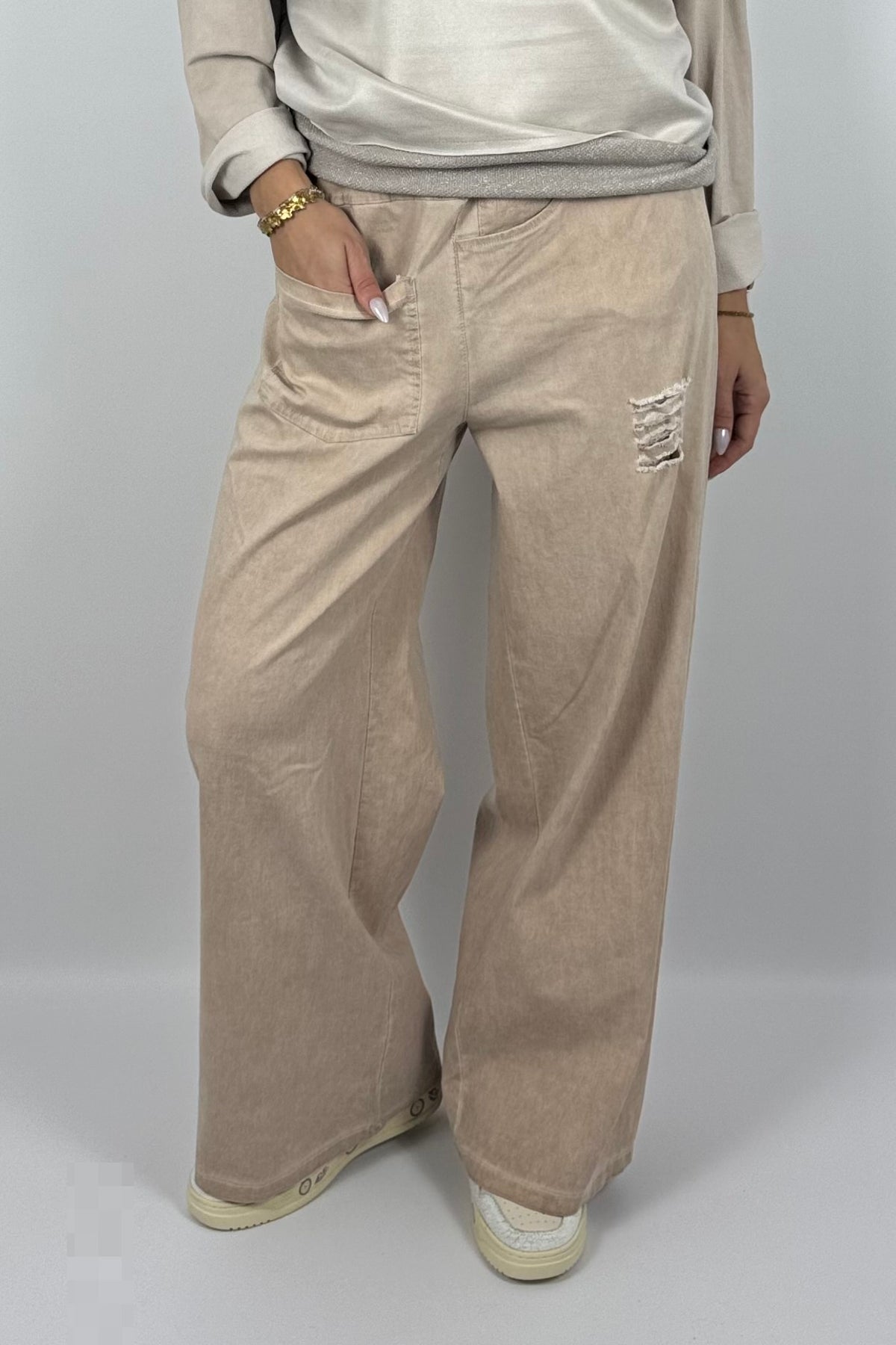 Damen Wide-Leg Hose mit Destroyed-Details – Safari