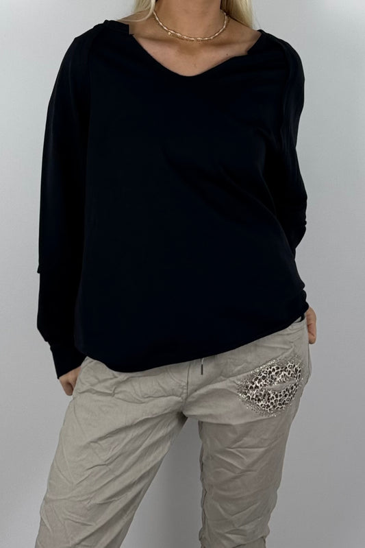 Damen Oversize-Sweatshirt mit V-Ausschnitt-Schwarz