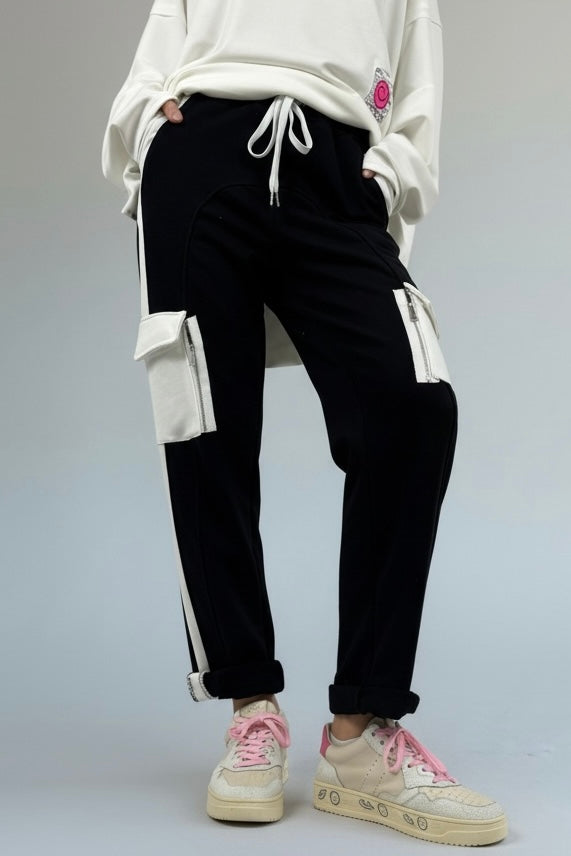 Hose mit Kontrastdetails & Reißverschlusstaschen-Schwarz