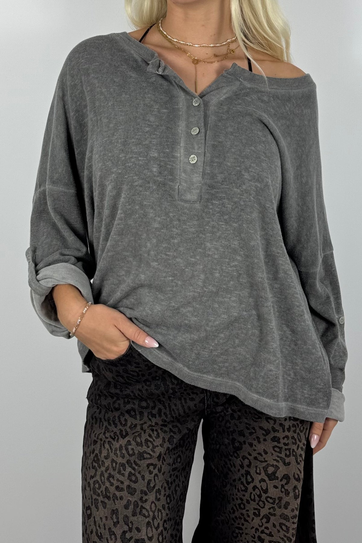 Oversize Shirt mit Knopfleiste-Grau