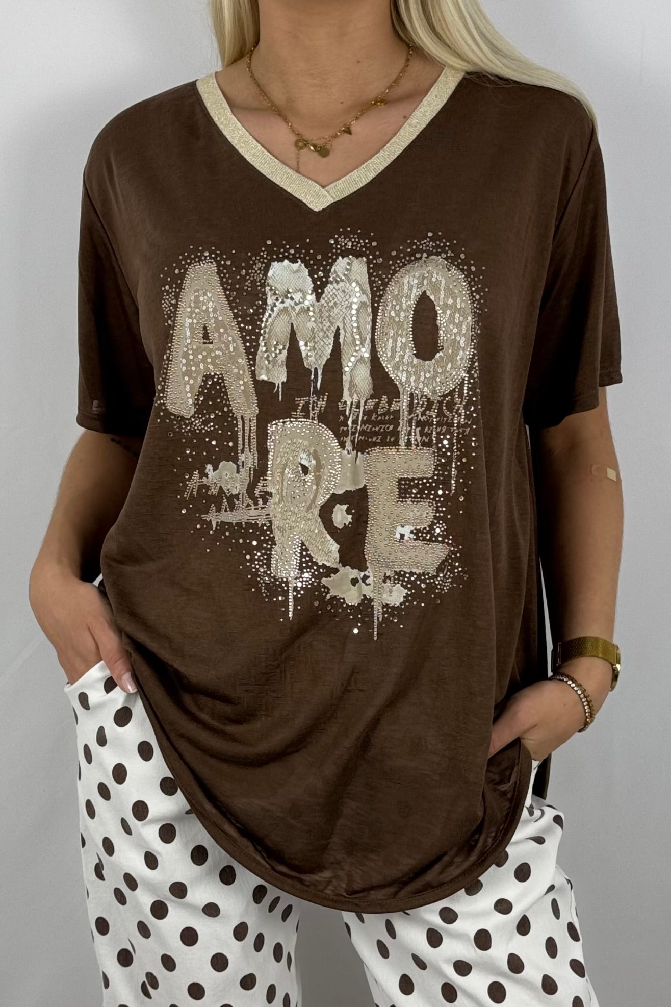 Shirt „AMORE“ mit Glitzer-Print-Schoko