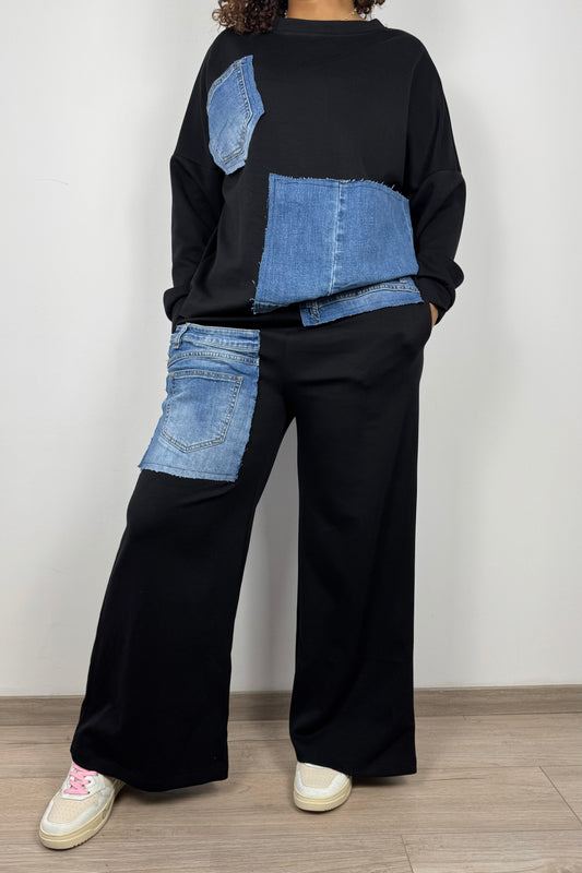 Zweiteiliger Damen-Anzug: Sweater & Hose mit Jeans-Details
