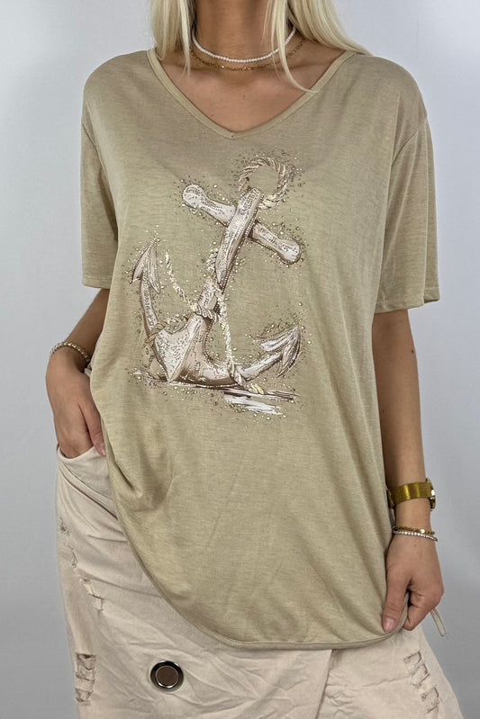 Oversize-Shirt mit Anker-Print & Golddetails-Safari