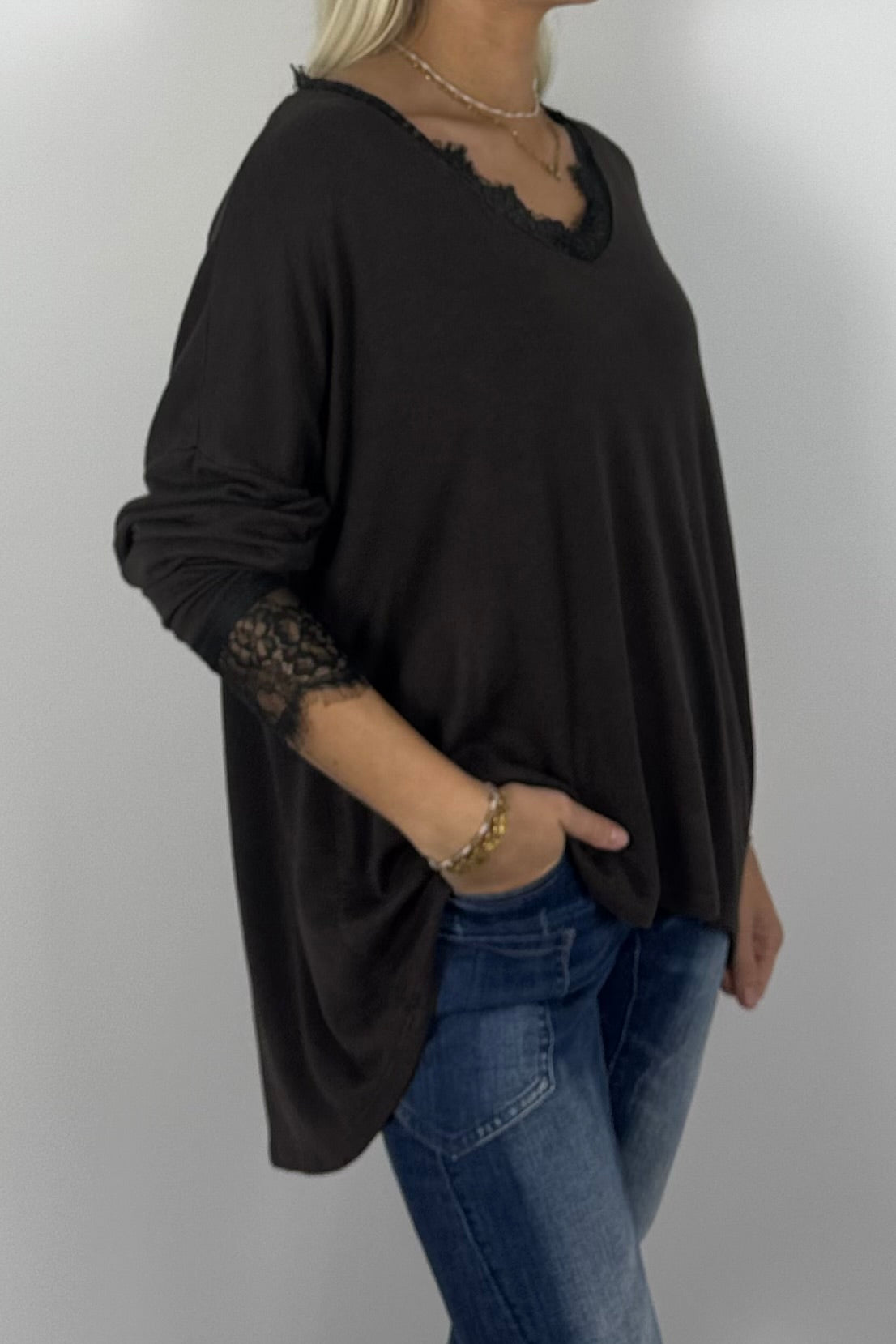 Damen Oversize Shirt mit Spitzen-Details –Schoko