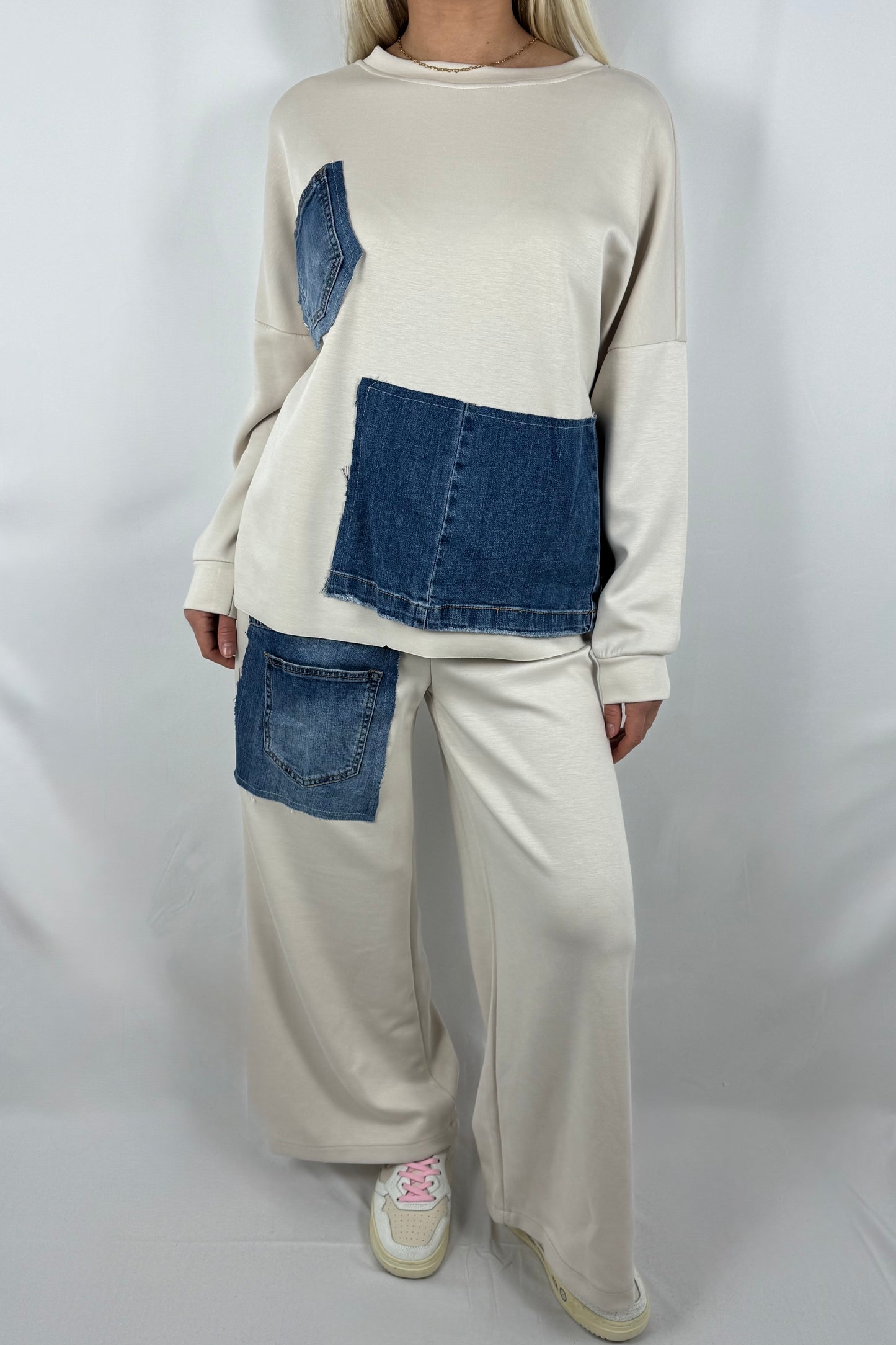 Damen Zweiteiler Set mit Denim Patch Details-Beige
