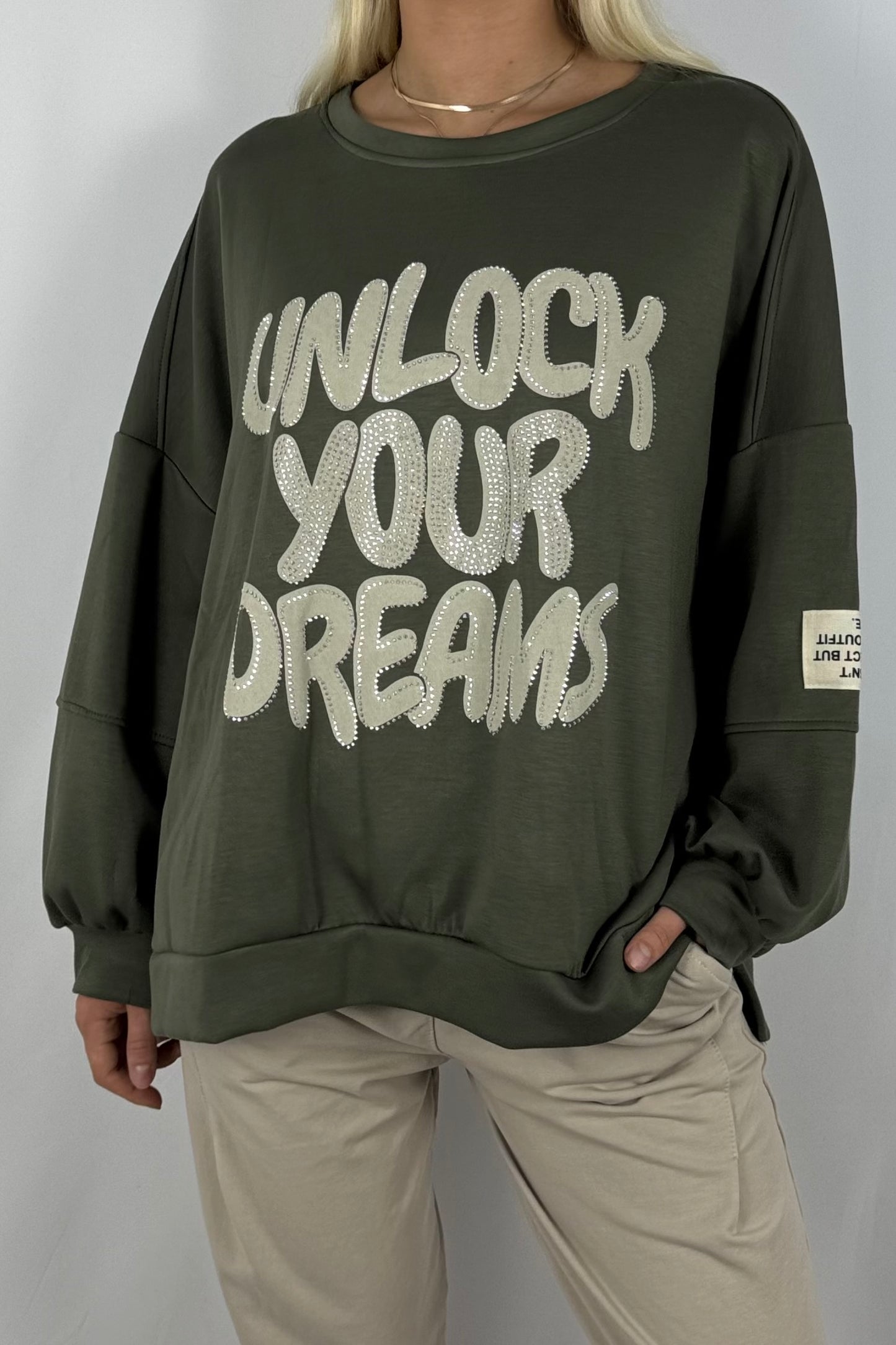 Damen Oversize Sweatshirt – Unlock Your Dreams-Khaki