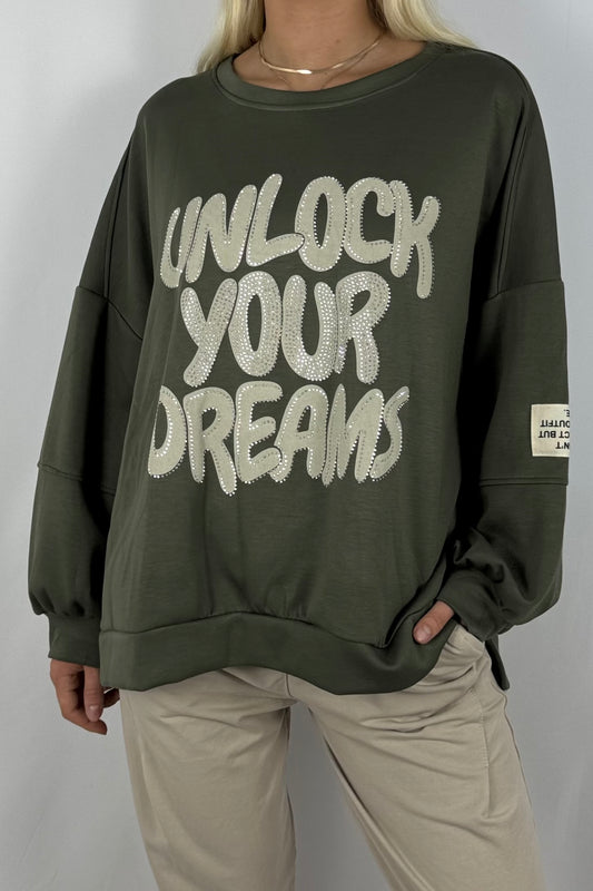 Damen Oversize Sweatshirt – Unlock Your Dreams-Khaki