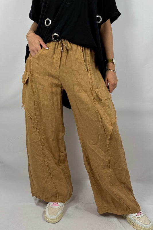 Leinenhose mit fransigen Details-Kamel