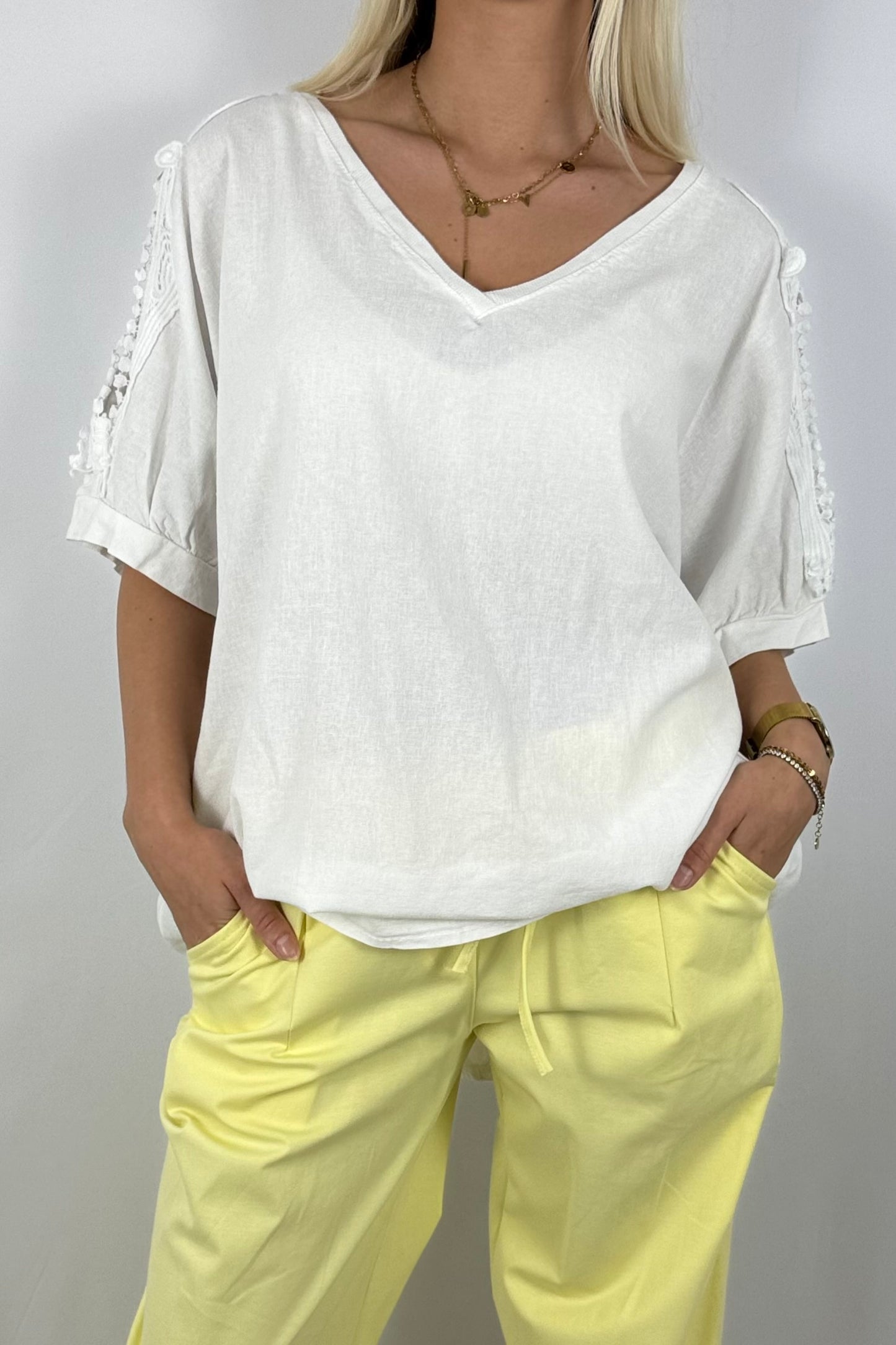 Leinen-Viscose Shirt mit Häkelspitze – luftig & feminin-Weiß