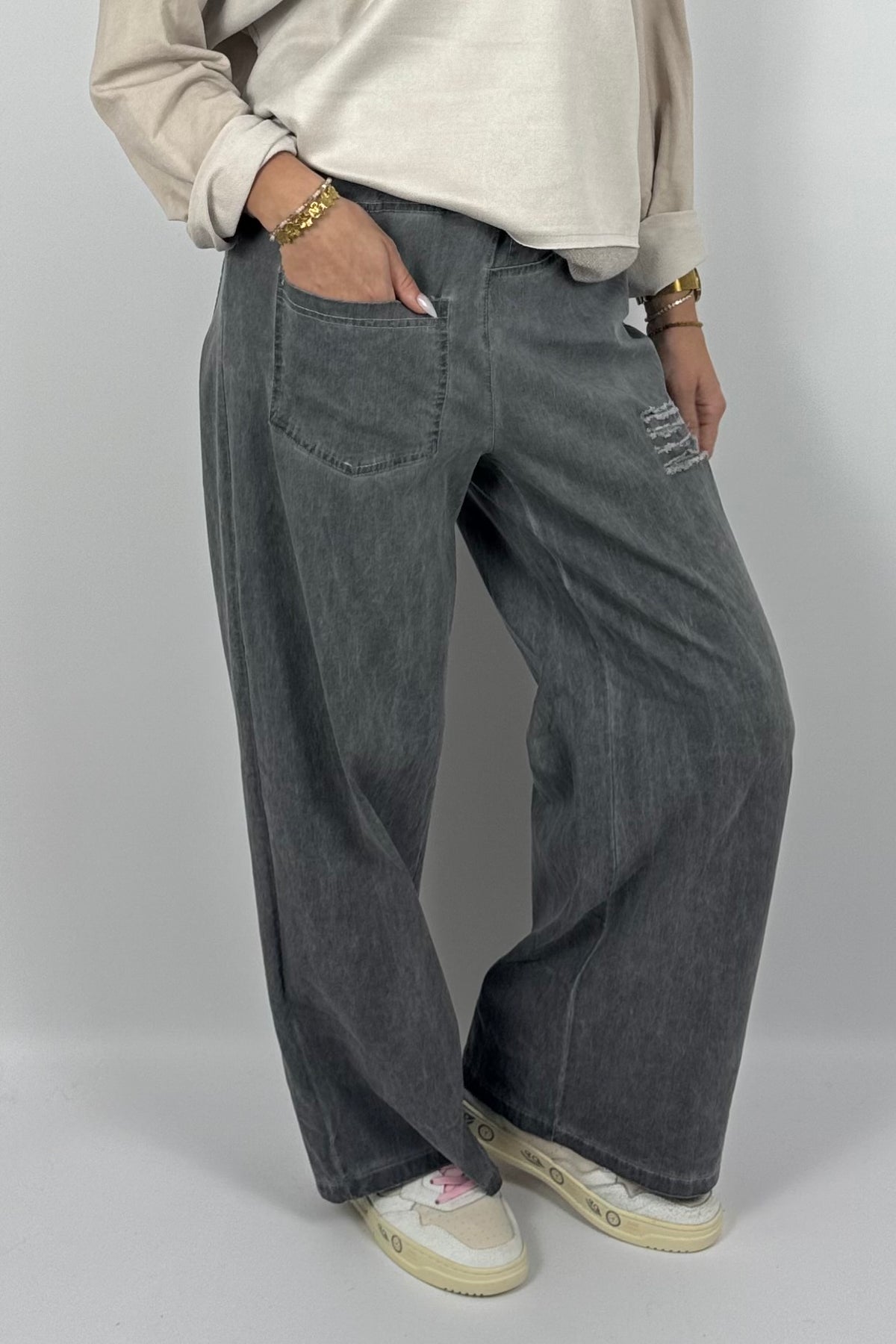 Damen Wide-Leg Hose mit Destroyed-Details – Anthrazit