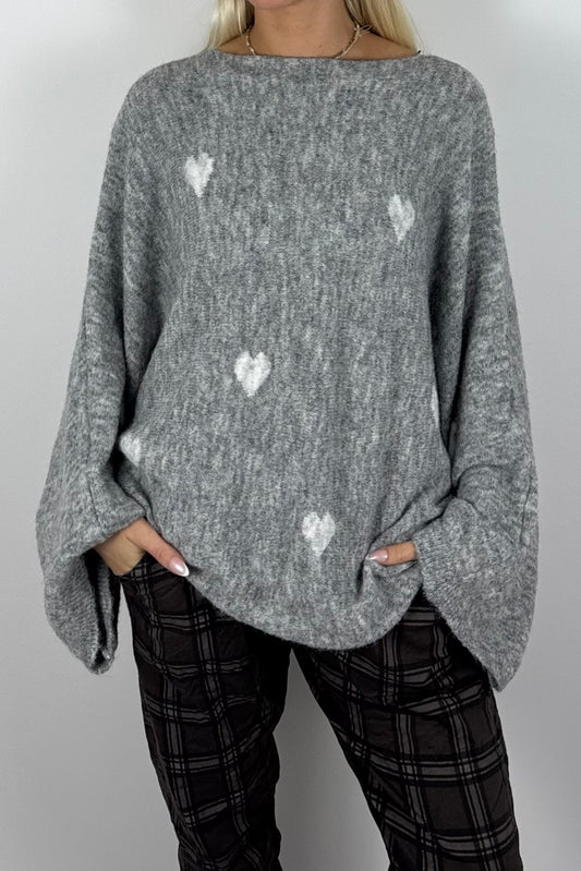 Damen Oversize-Strickpullover mit Herzmuster-grau