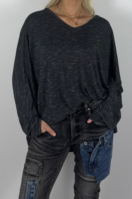 Damen Oversize Shirt mit V-Ausschnitt – Schwarz