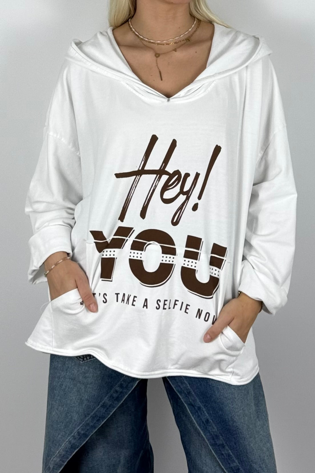 Damen Oversize Hoodie „Hey You“ mit Kapuze – Weiß