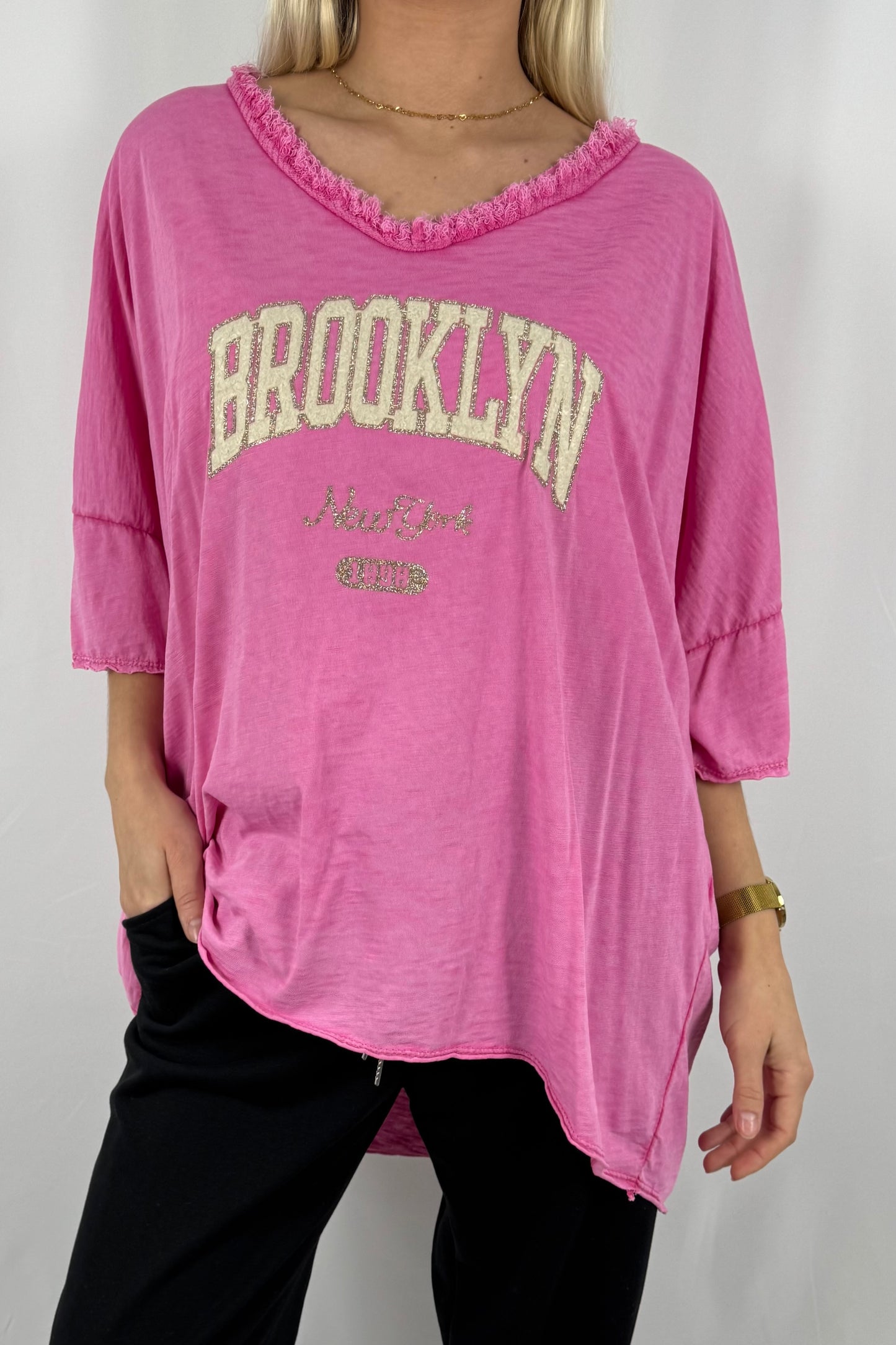 Oversize Damen Shirt mit Brooklyn New York Print-Pink