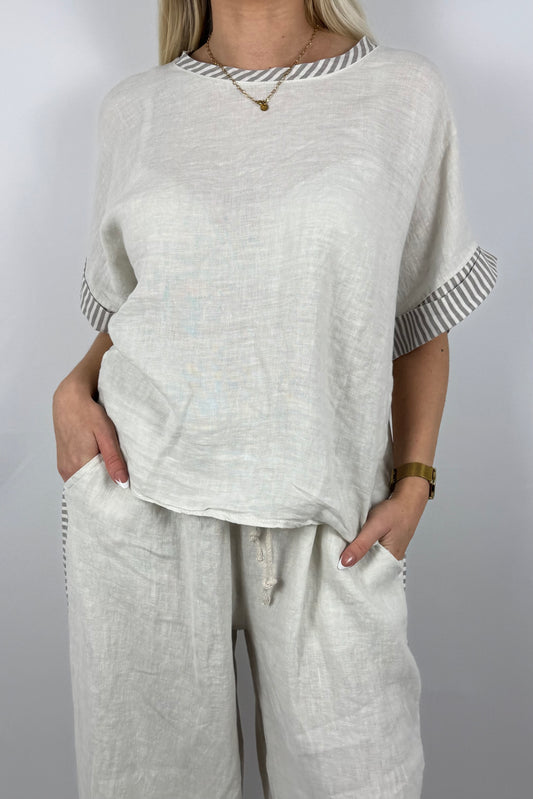 Leinen Shirt mit Streifen Detail-Beige