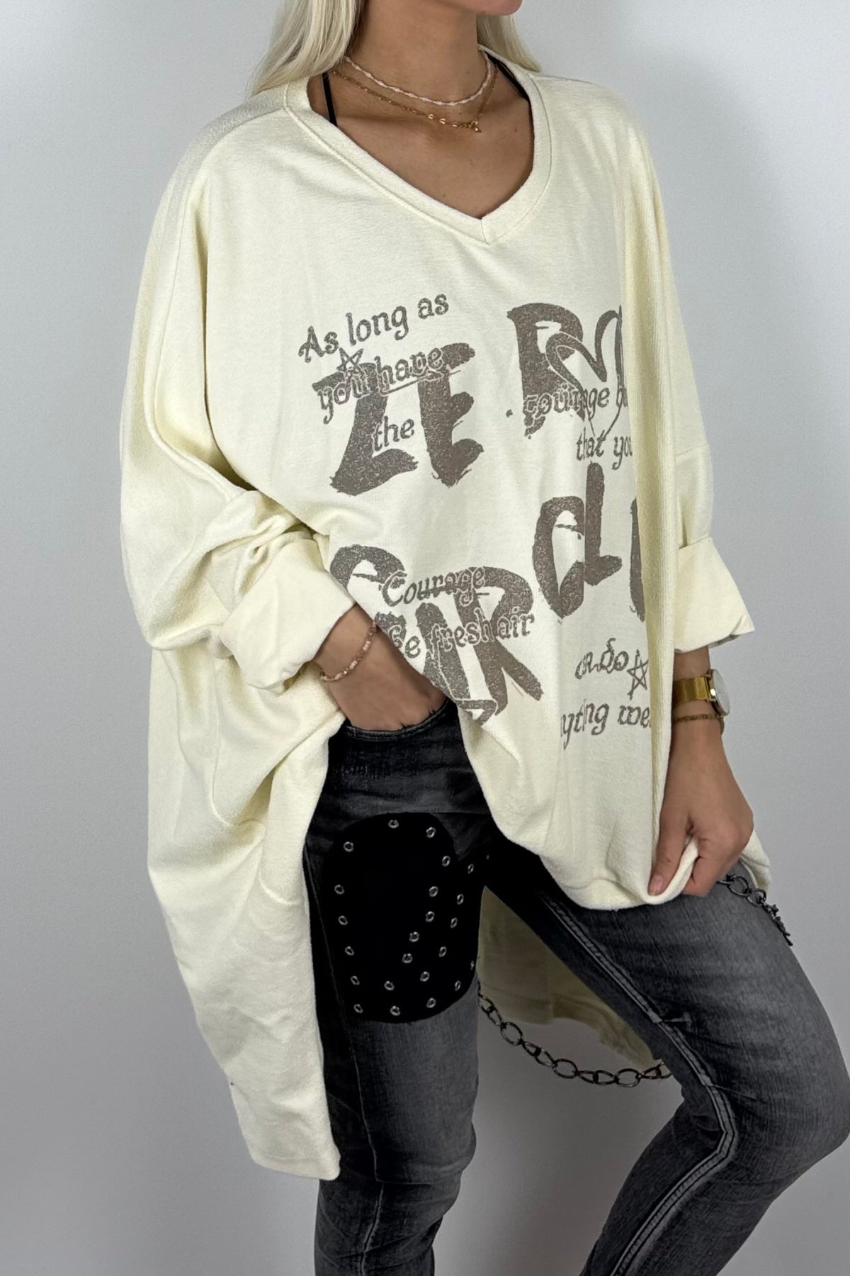Damen-Sweatshirt mit V-Ausschnitt und Glitzerprint-Butter