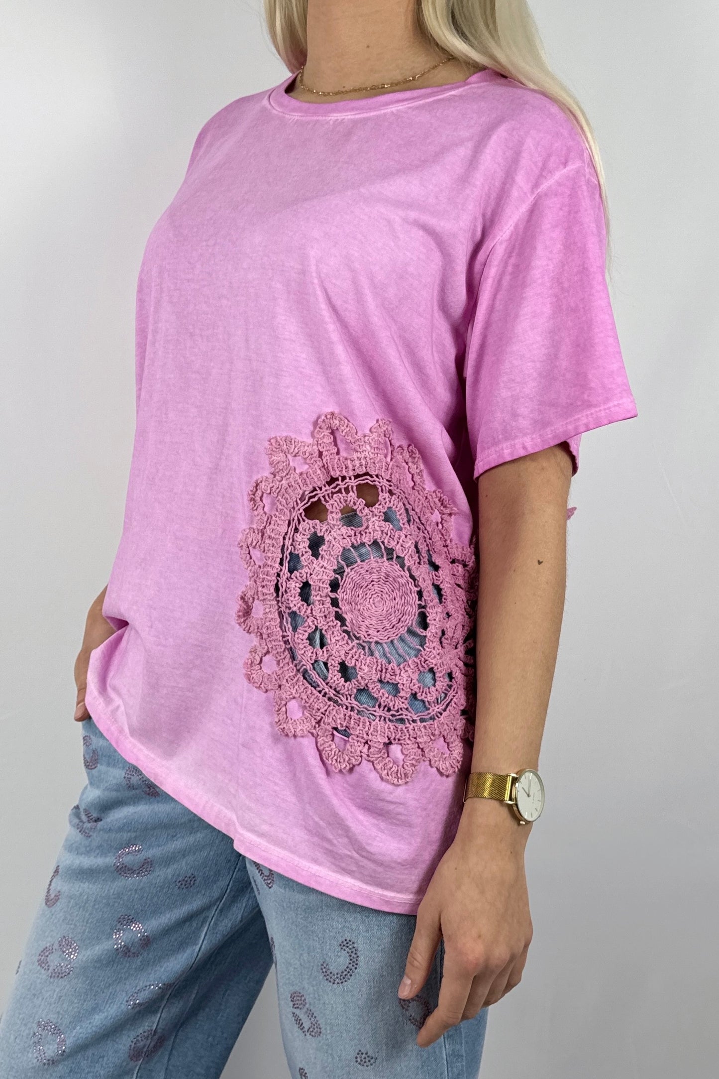 Shirt mit großem Häkel Muster-Pink