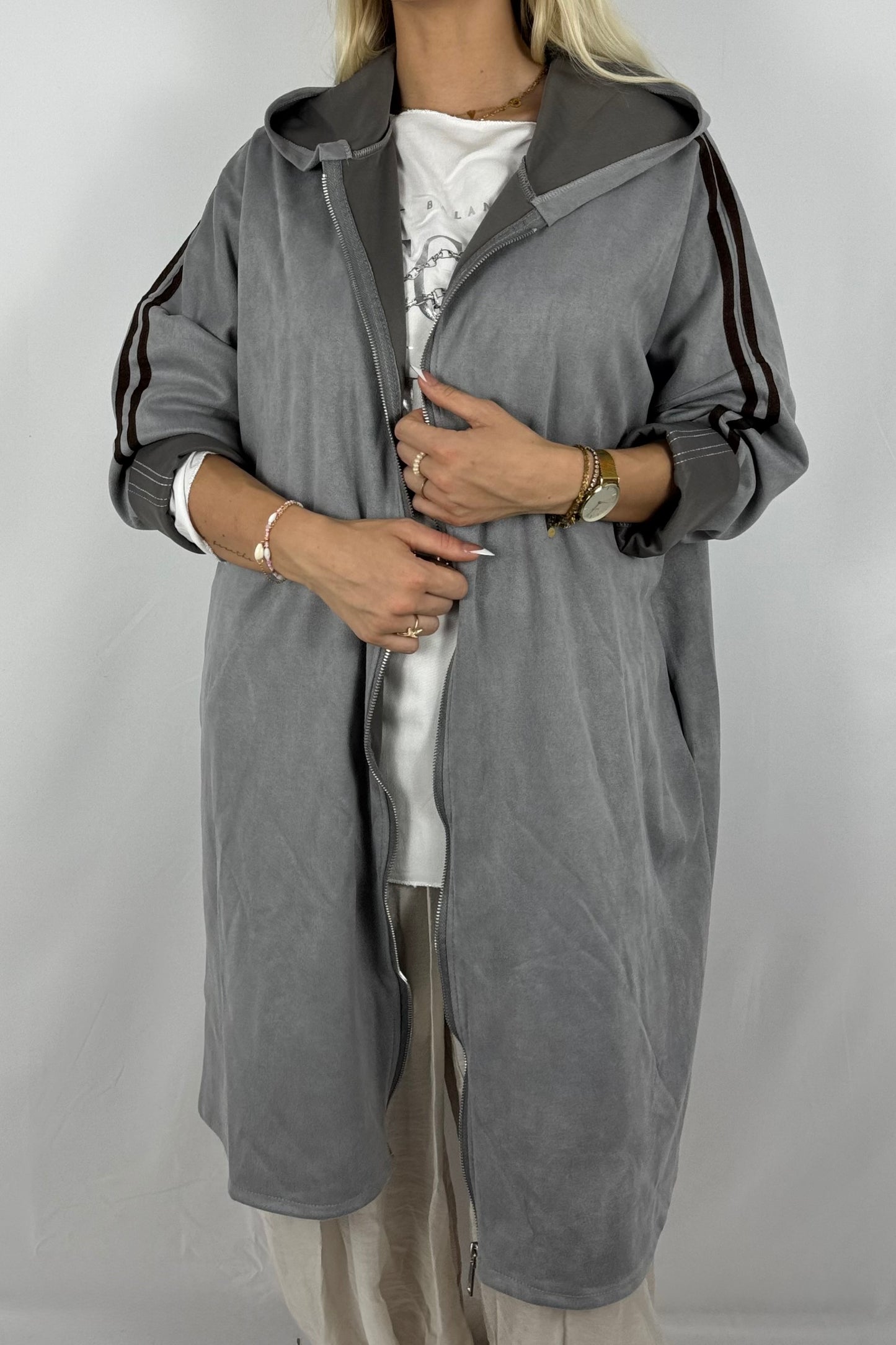 Lässige Longjacke in Velours-Optik mit Kapuze-grau