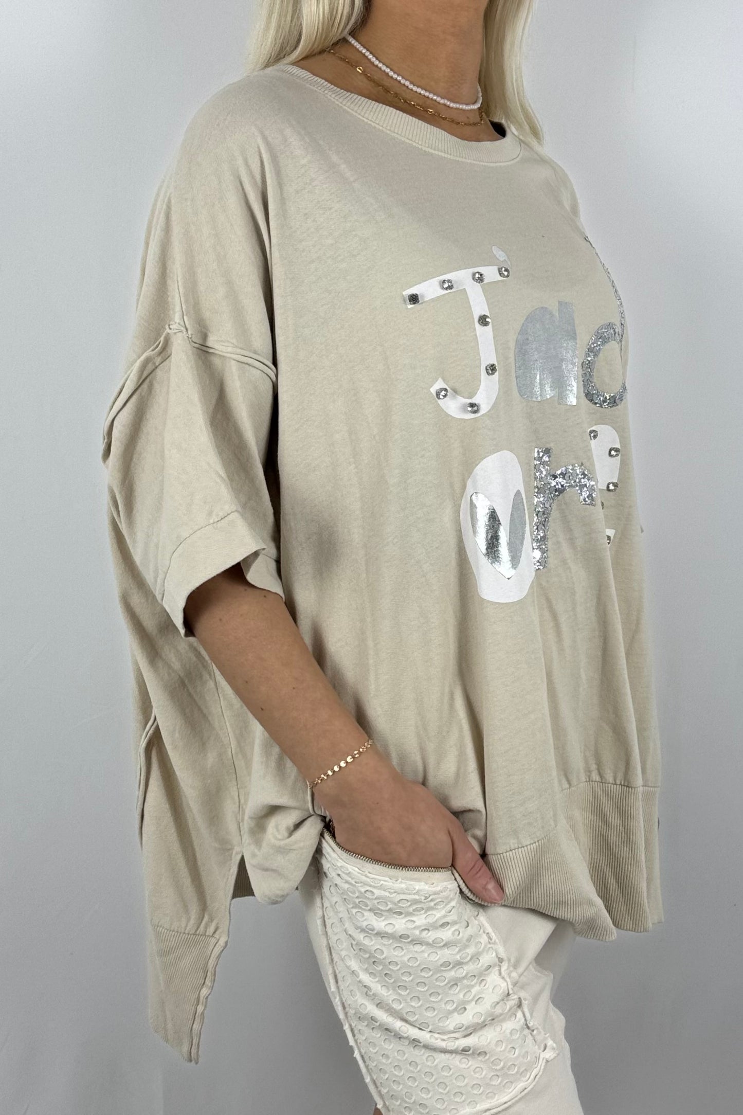 Oversize-Shirt „J’adore“ mit Glitzer-Print-Beige
