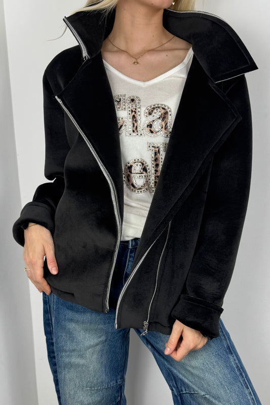 Jacke mit Reißverschluss und Rock & Roll Print-Schwarz
