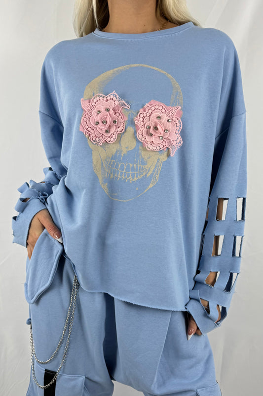 Oversize Shirt mit Totenkopf-Print & Cut-Out-Ärmeln –Hell Blau