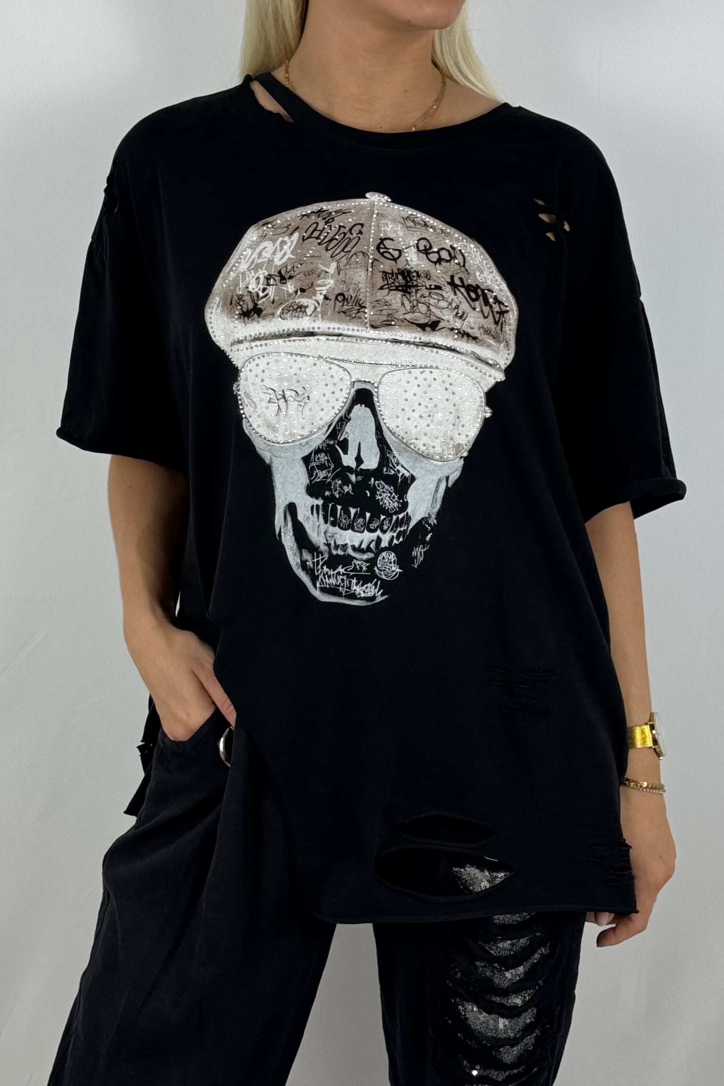 Oversize Shirt mit Skull-Print & Destroyed-Look-Schwarz