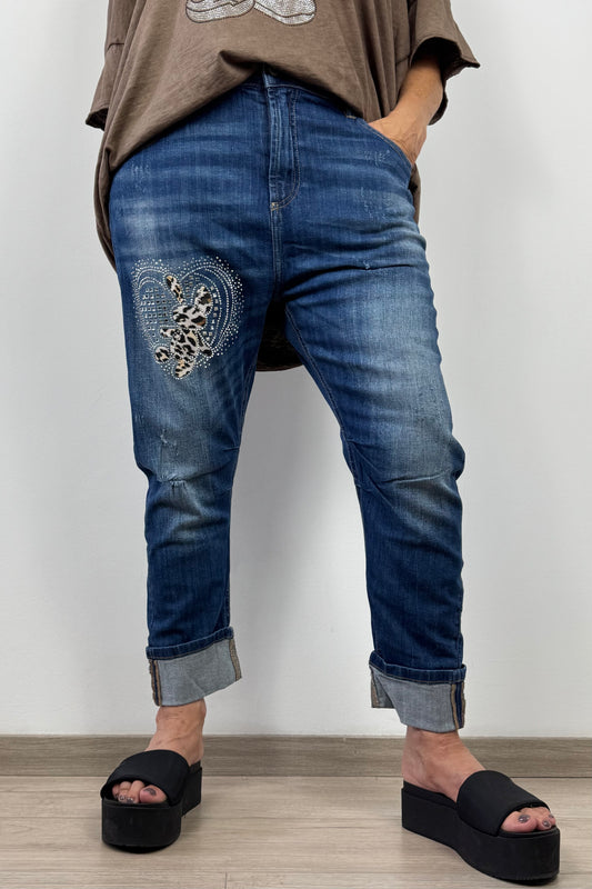 Stylische Damenjeans mit Strass-Herz & Animal-Print-Bär